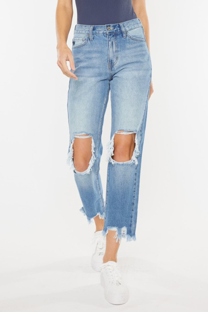 Kancan High Waist Chewed Up Straight Mom Jeans - TopFashionHQ