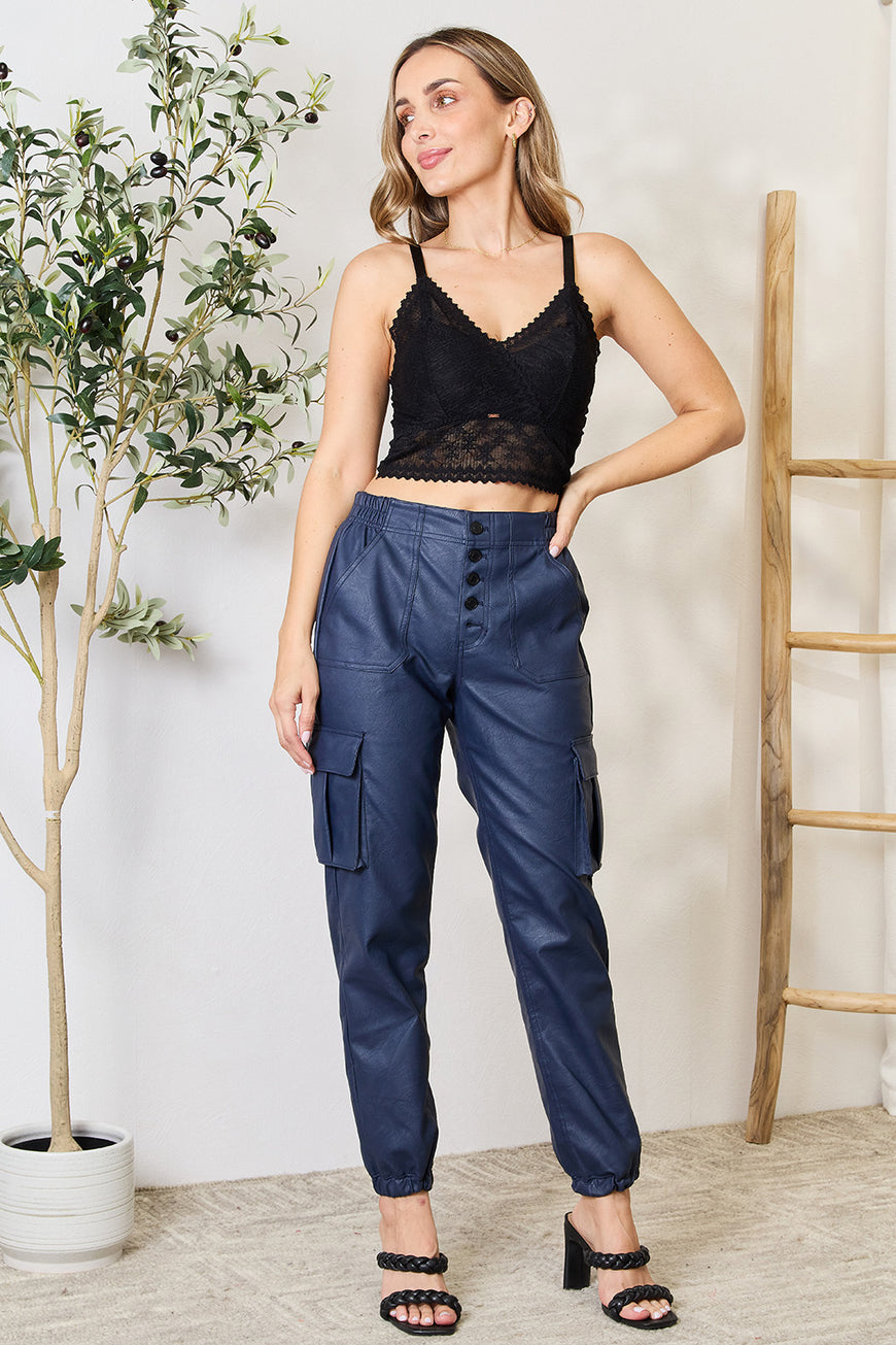Kancan High Waist Faux Leather Cargo Joggers - TopFashionHQ