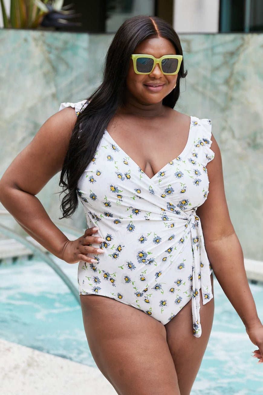 Marina West Swim Float On Ruffle Faux Wrap One-Piece in Daisy Cream - TopFashionHQ