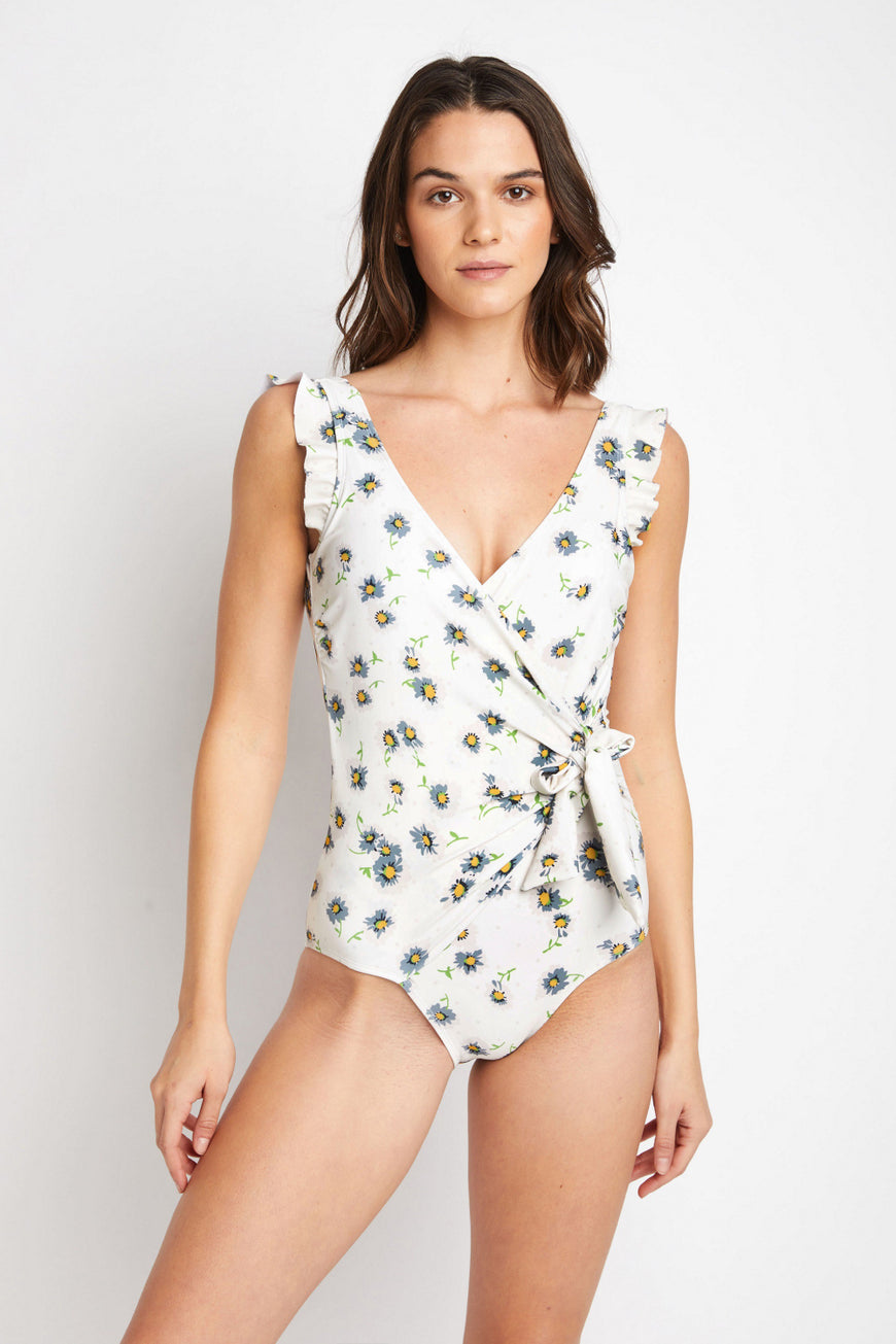 Marina West Swim Float On Ruffle Faux Wrap One-Piece in Daisy Cream - TopFashionHQ