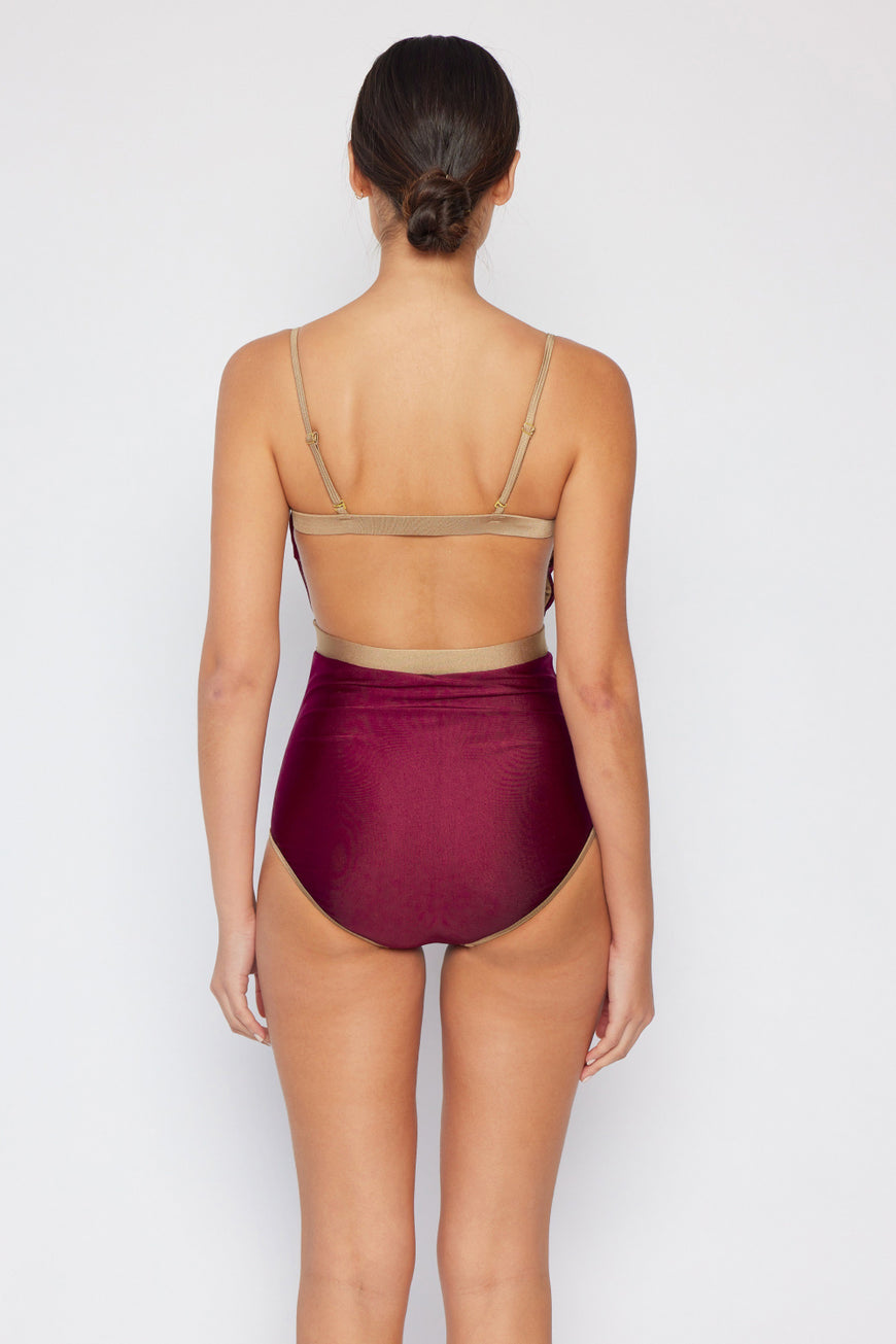 Marina West Swim Wave Break Contrast Trim One-Piece in Wine - TopFashionHQ