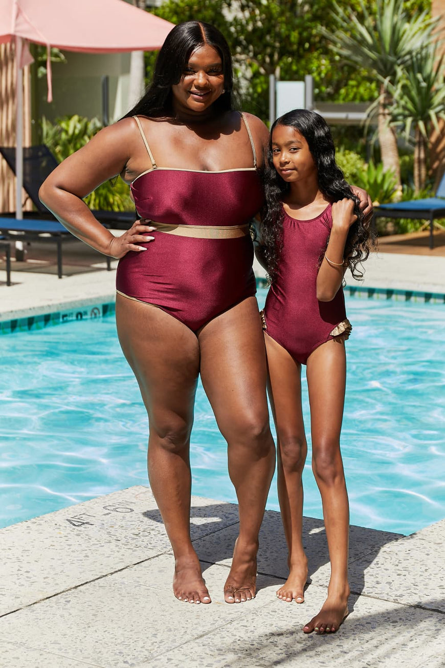 Marina West Swim Wave Break Contrast Trim One-Piece in Wine - TopFashionHQ