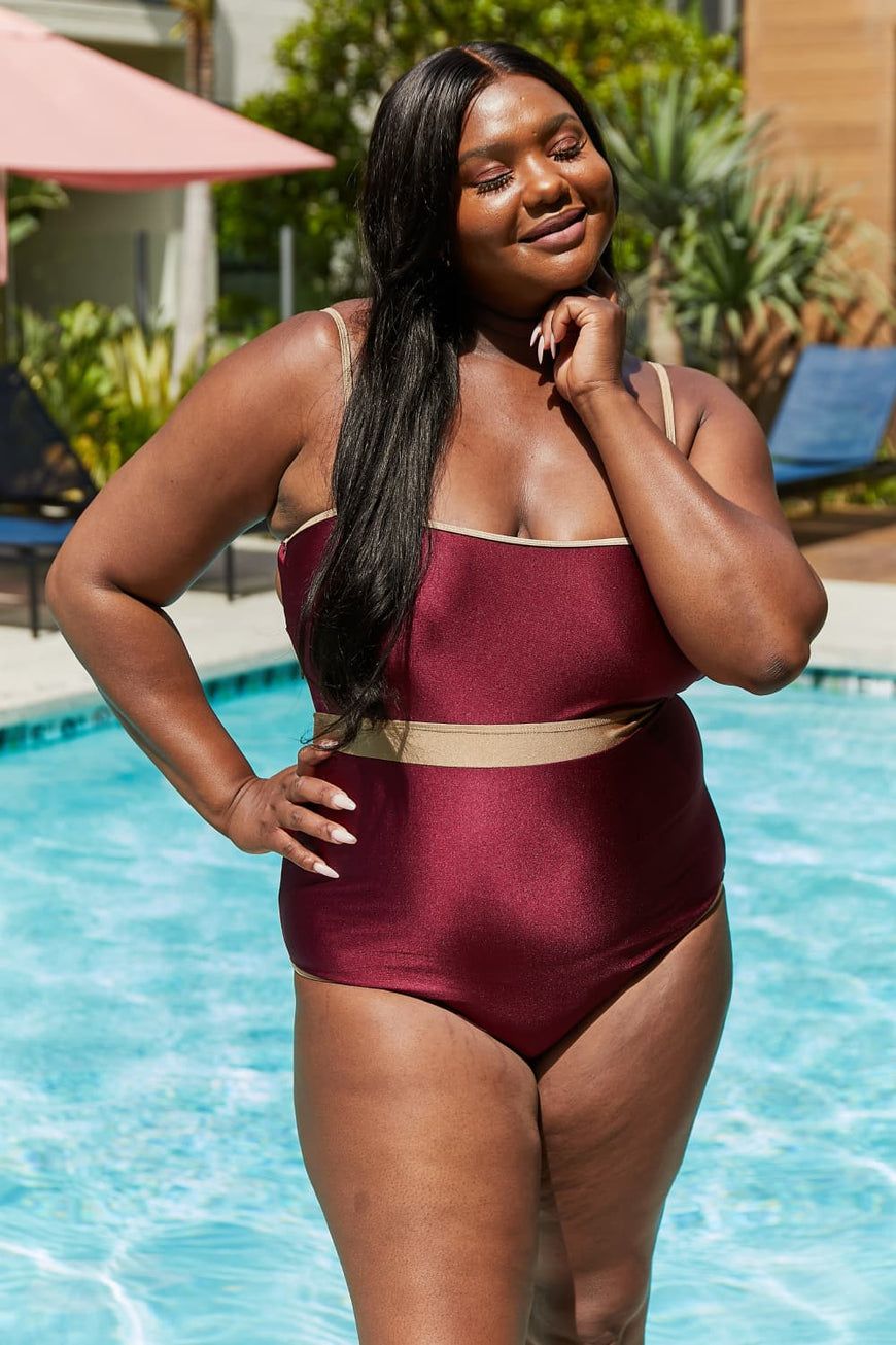 Marina West Swim Wave Break Contrast Trim One-Piece in Wine - TopFashionHQ