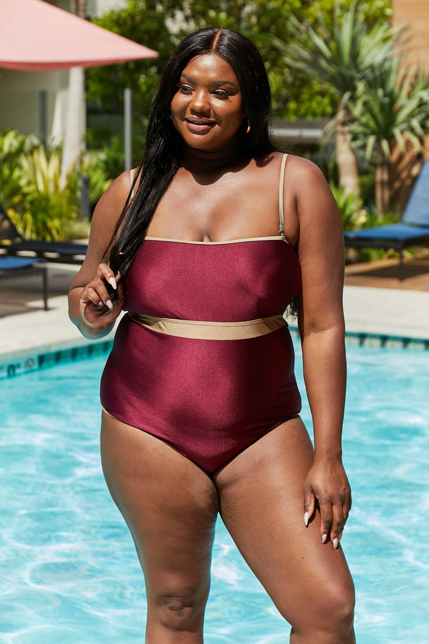 Marina West Swim Wave Break Contrast Trim One-Piece in Wine - TopFashionHQ