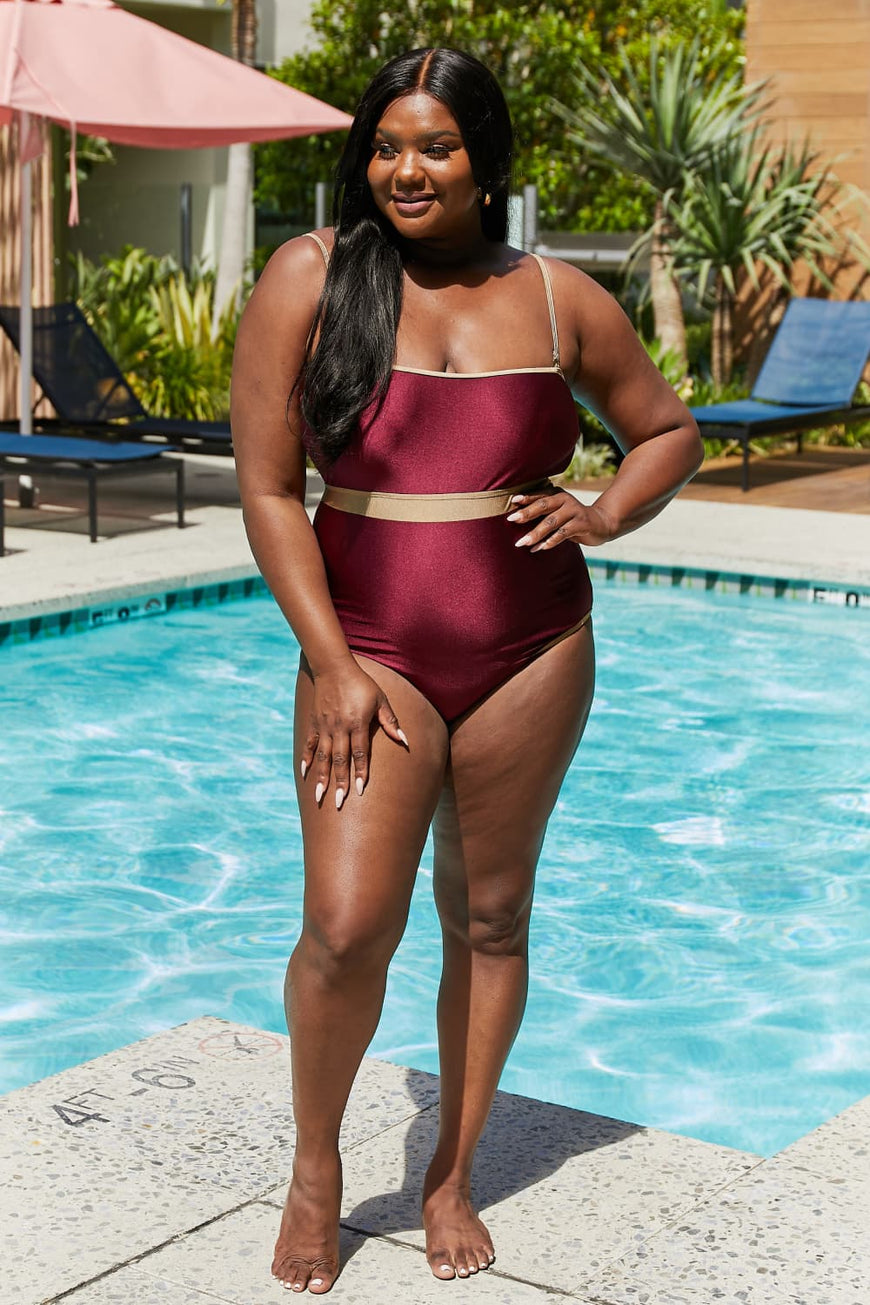 Marina West Swim Wave Break Contrast Trim One-Piece in Wine - TopFashionHQ