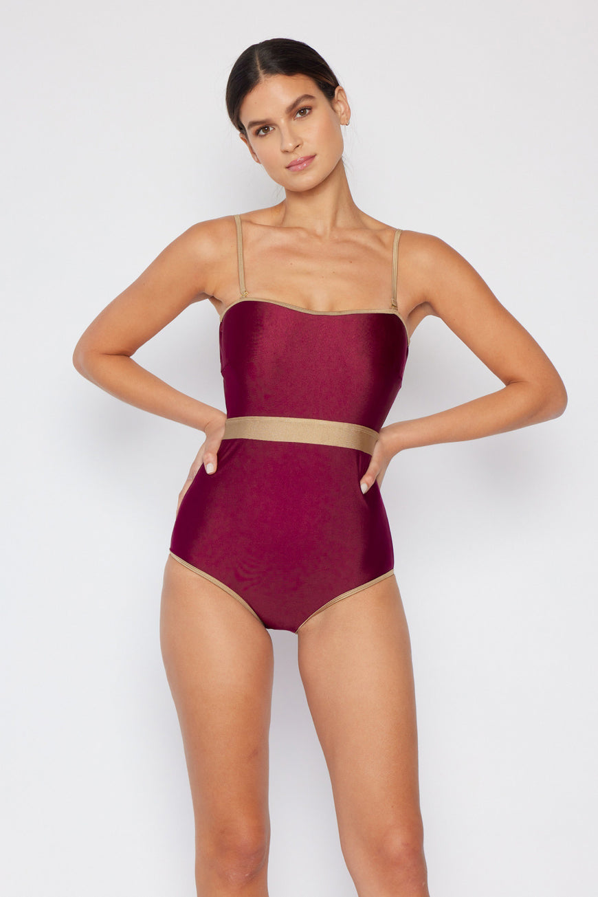 Marina West Swim Wave Break Contrast Trim One-Piece in Wine - TopFashionHQ