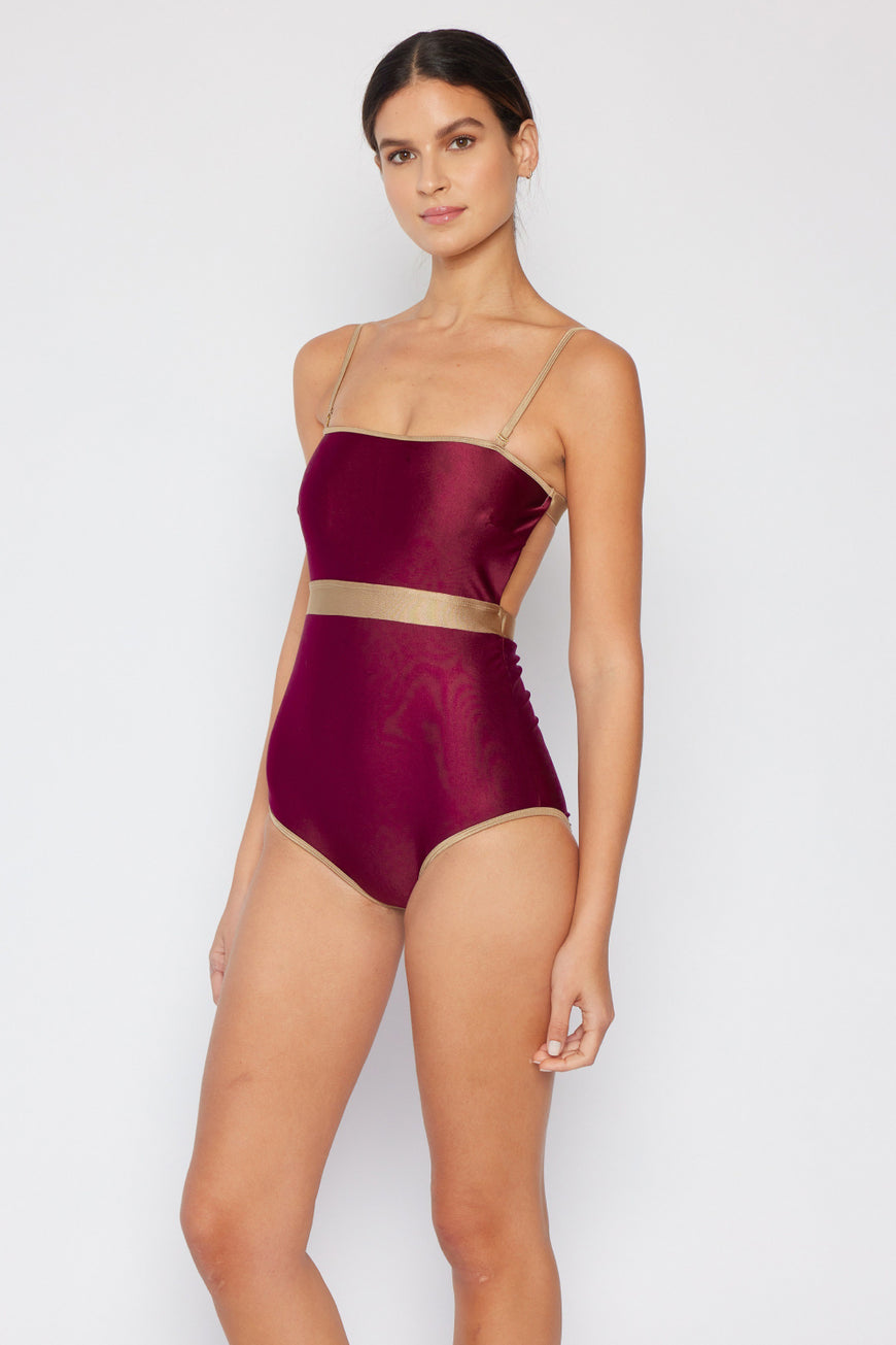 Marina West Swim Wave Break Contrast Trim One-Piece in Wine - TopFashionHQ