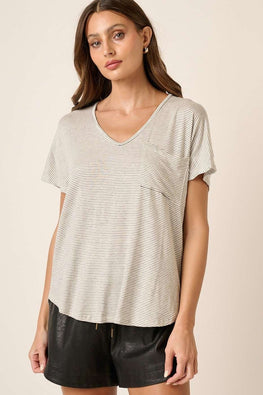 Mittoshop Striped V-Neck Short Sleeve T-Shirt - TopFashionHQ