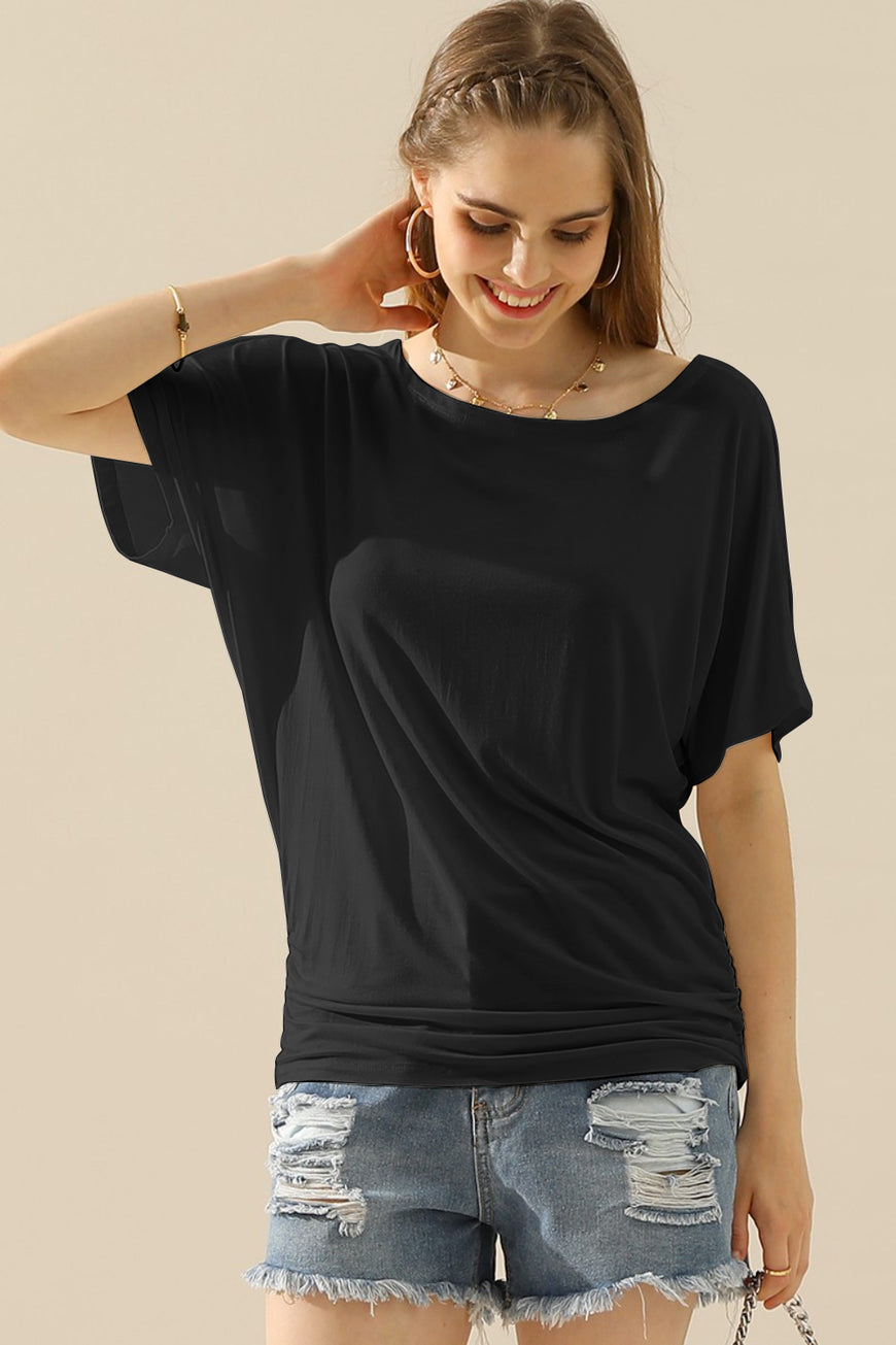 Ninexis Boat Neck Short Sleeve Ruched Side Top - TopFashionHQ