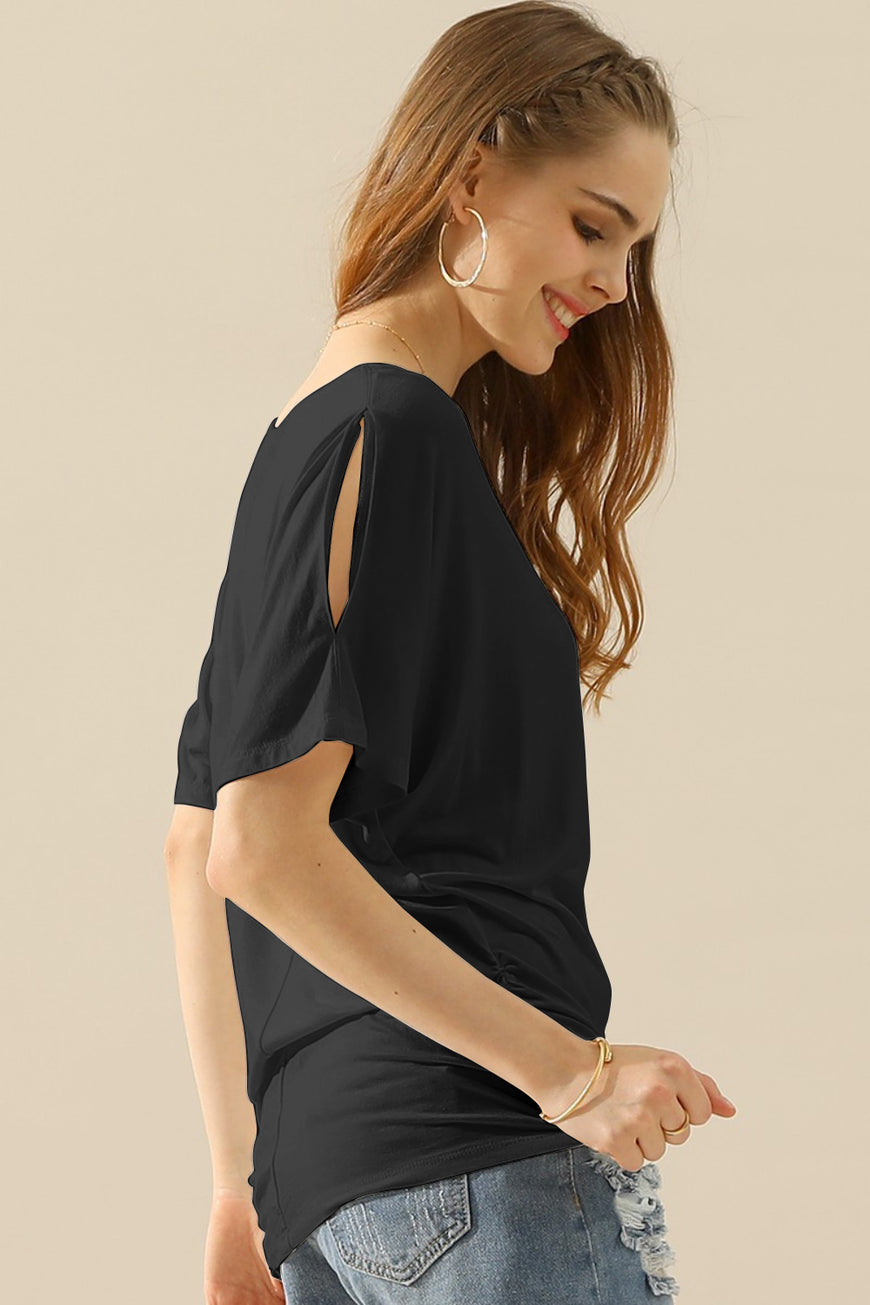 Ninexis Boat Neck Short Sleeve Ruched Side Top - TopFashionHQ