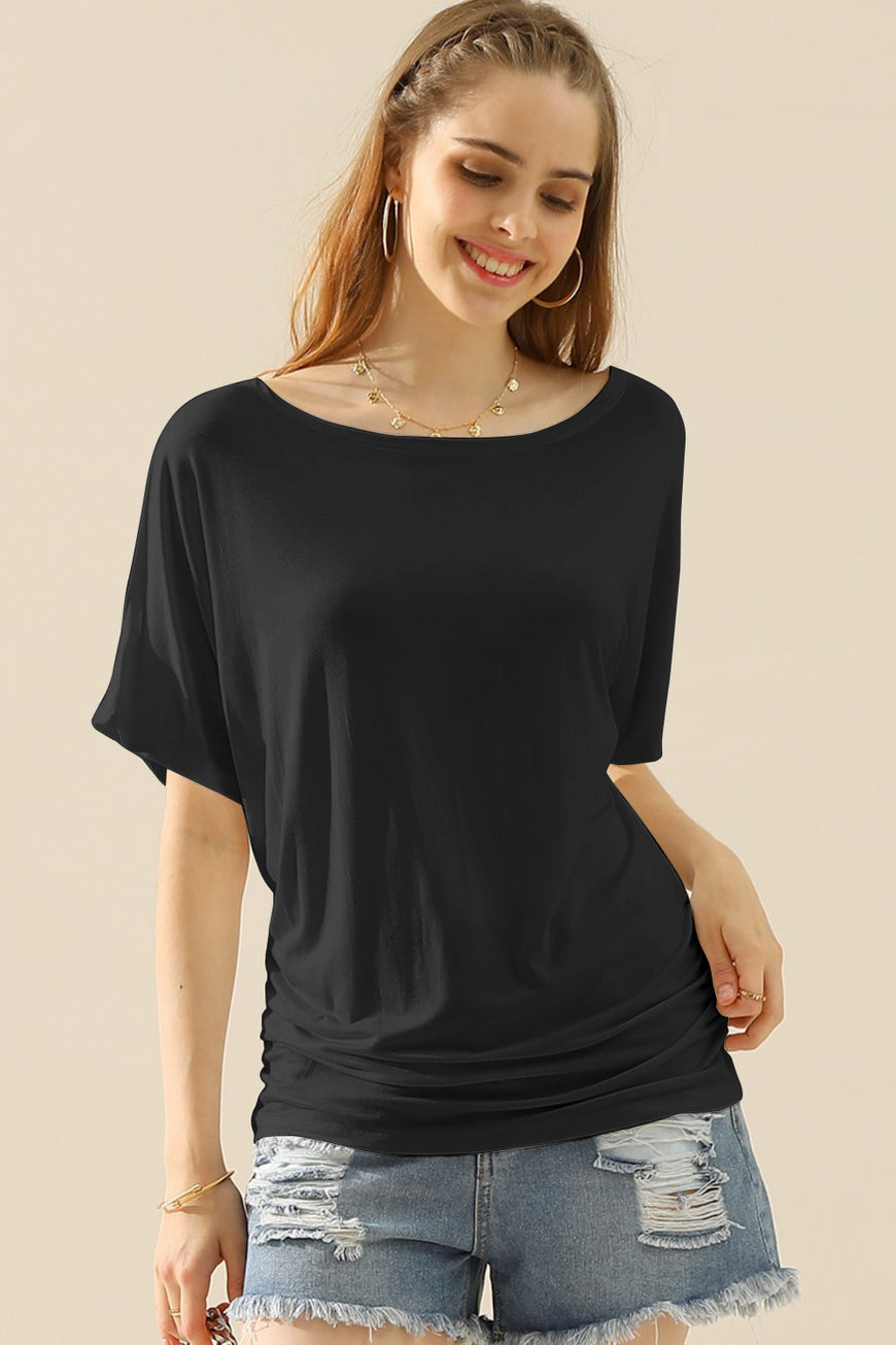 Ninexis Boat Neck Short Sleeve Ruched Side Top - TopFashionHQ