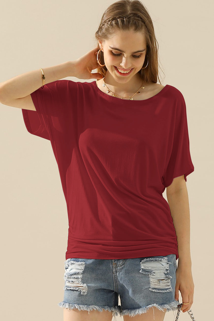 Ninexis Boat Neck Short Sleeve Ruched Side Top - TopFashionHQ