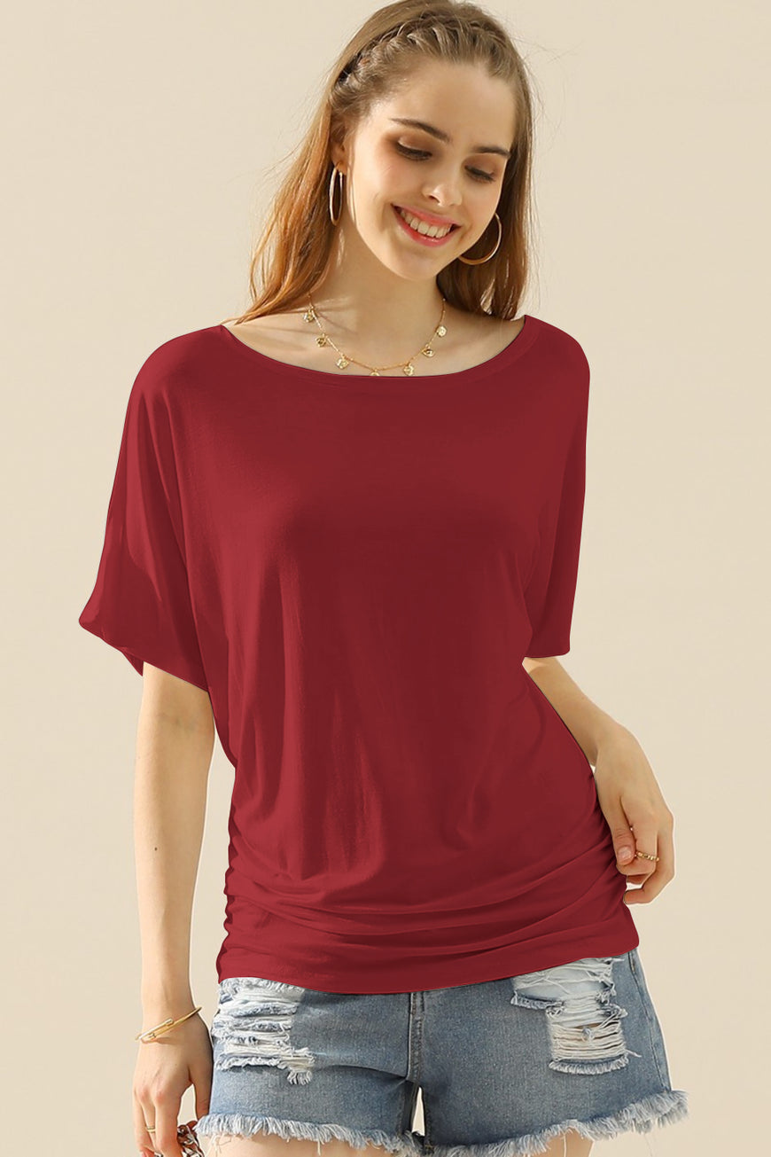 Ninexis Boat Neck Short Sleeve Ruched Side Top - TopFashionHQ