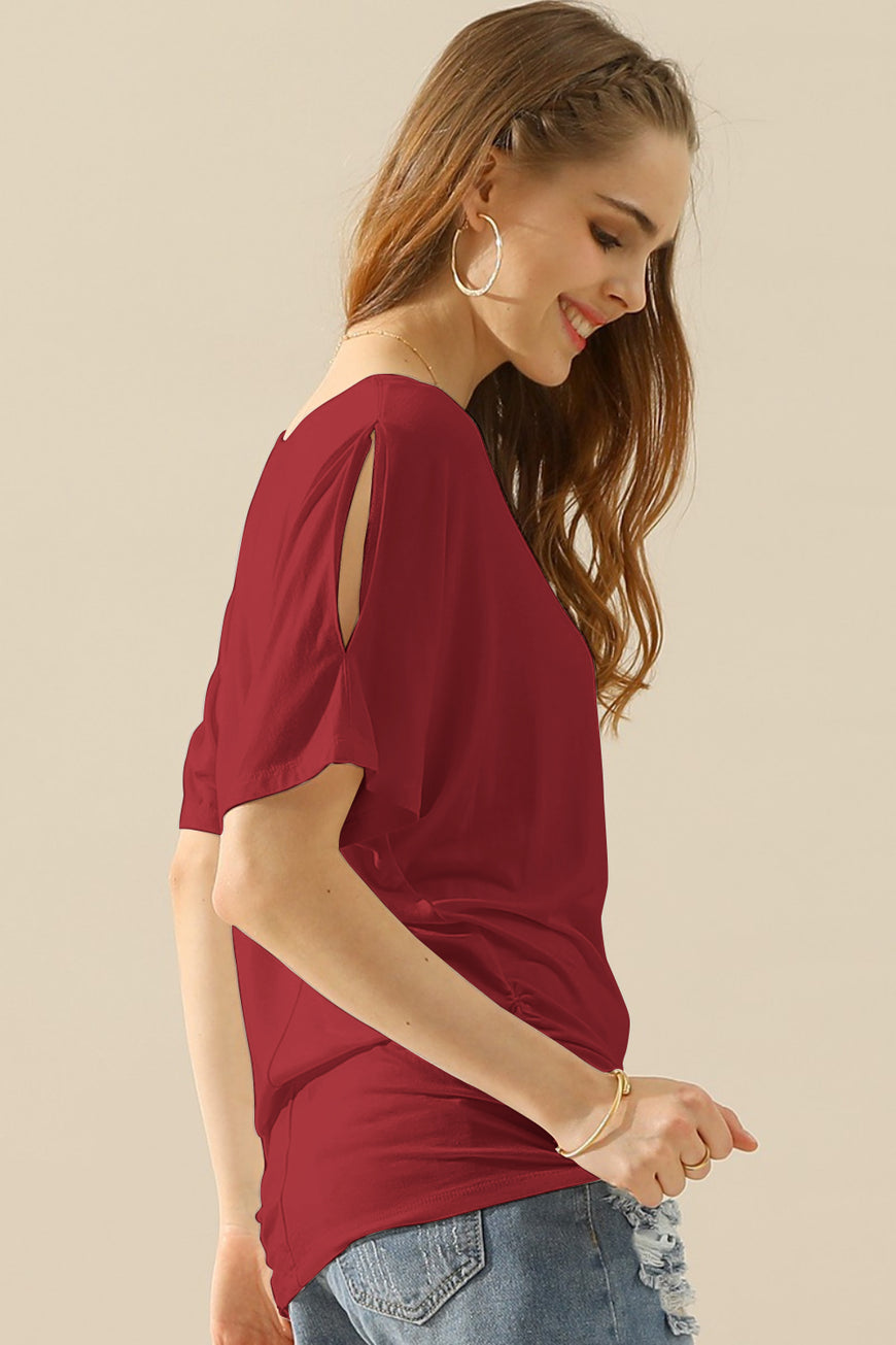 Ninexis Boat Neck Short Sleeve Ruched Side Top - TopFashionHQ