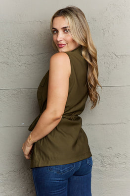 Ninexis Follow The Light Sleeveless Collared Button Down Top - TopFashionHQ