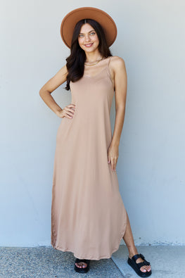 Ninexis Good Energy Full Size Cami Side Slit Maxi Dress in Camel - TopFashionHQ