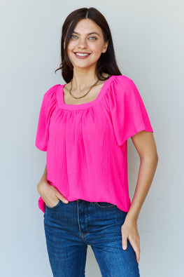 Ninexis Keep Me Close Square Neck Short Sleeve Blouse in Fuchsia - TopFashionHQ