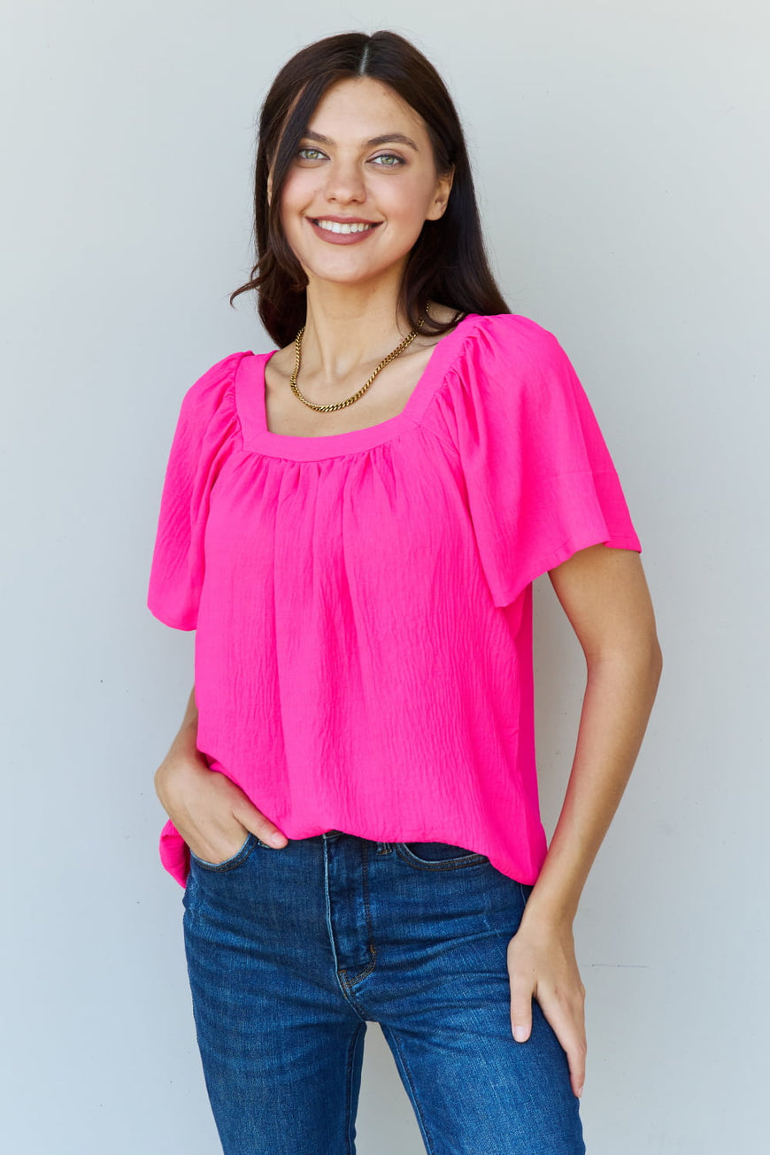 Ninexis Keep Me Close Square Neck Short Sleeve Blouse in Fuchsia - TopFashionHQ