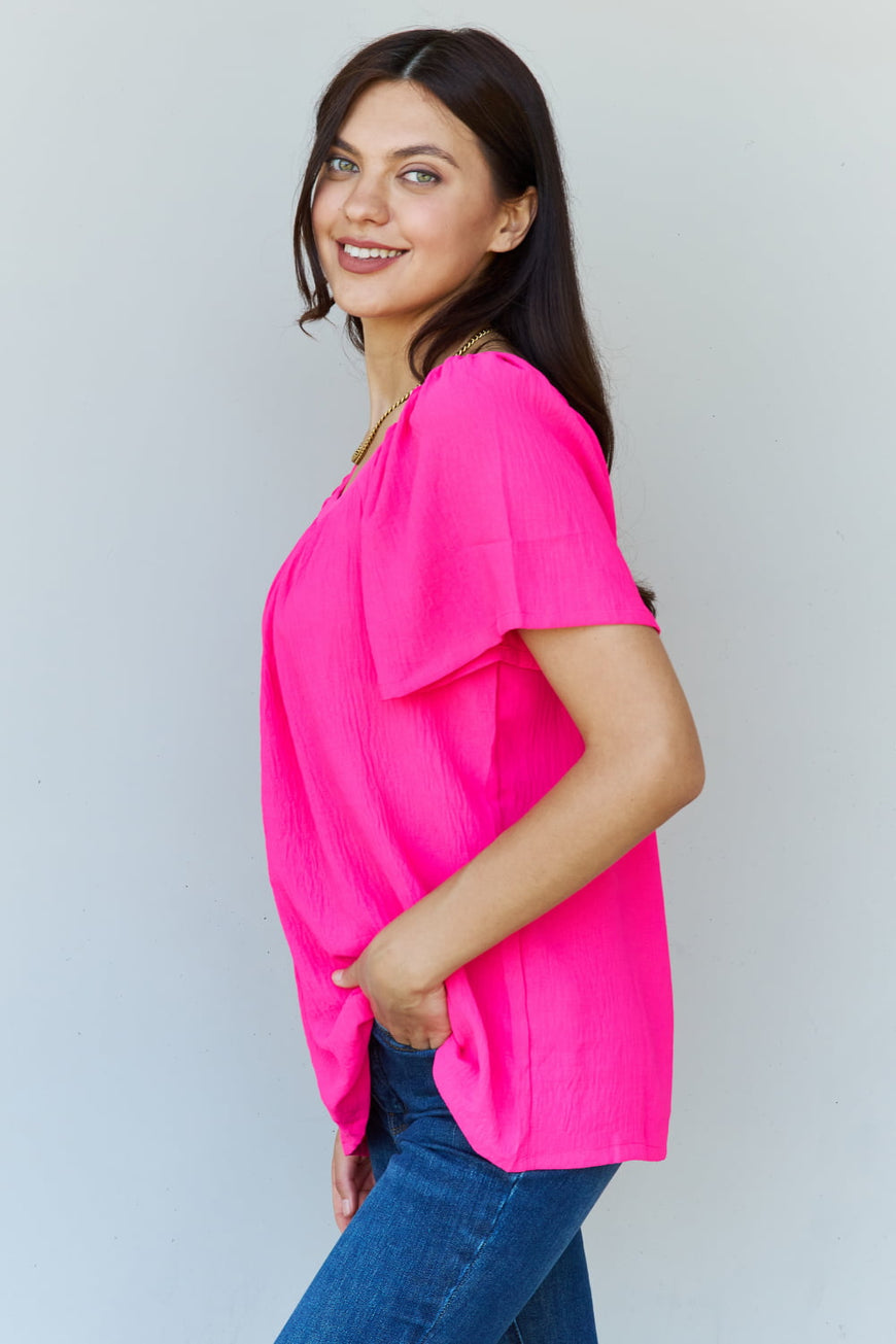 Ninexis Keep Me Close Square Neck Short Sleeve Blouse in Fuchsia - TopFashionHQ