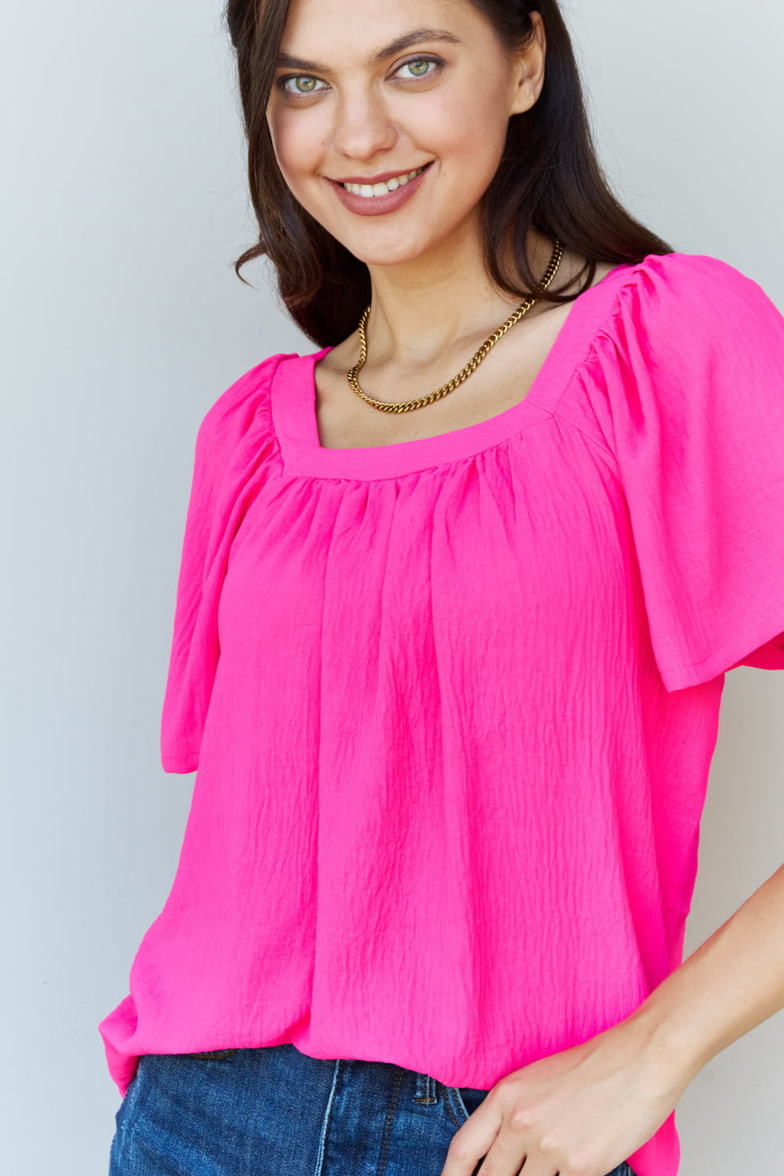 Ninexis Keep Me Close Square Neck Short Sleeve Blouse in Fuchsia - TopFashionHQ