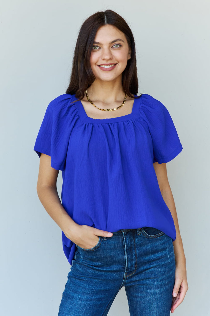 Ninexis Keep Me Close Square Neck Short Sleeve Blouse in Royal - TopFashionHQ