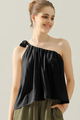 Ninexis One Shoulder Bow Tie Strap Satin Silk Top - TopFashionHQ