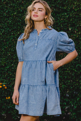 ODDI Washed Tiered Mini Denim Dress - TopFashionHQ