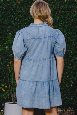 ODDI Washed Tiered Mini Denim Dress - TopFashionHQ