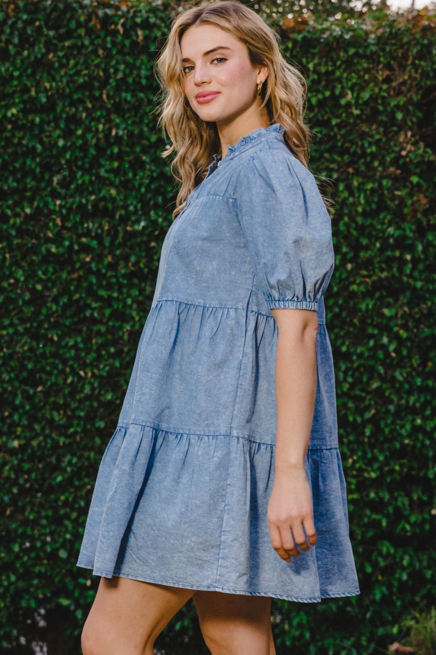 ODDI Washed Tiered Mini Denim Dress - TopFashionHQ