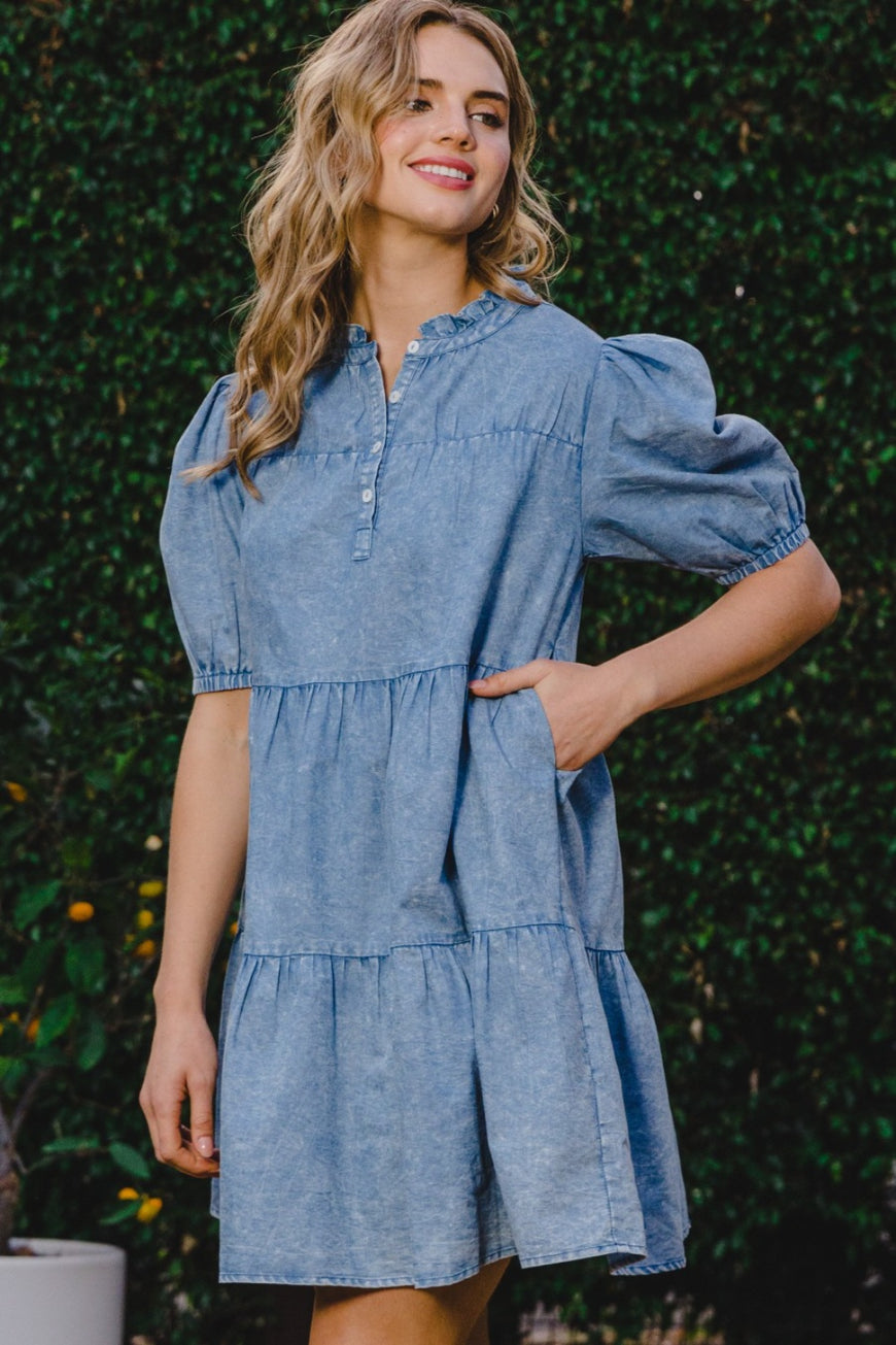 ODDI Washed Tiered Mini Denim Dress - TopFashionHQ