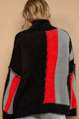 POL Turtleneck Color Block Fringe Detail Sweater - TopFashionHQ