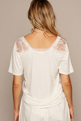 POL V-Neck Short Sleeve Lace Trim Top - TopFashionHQ