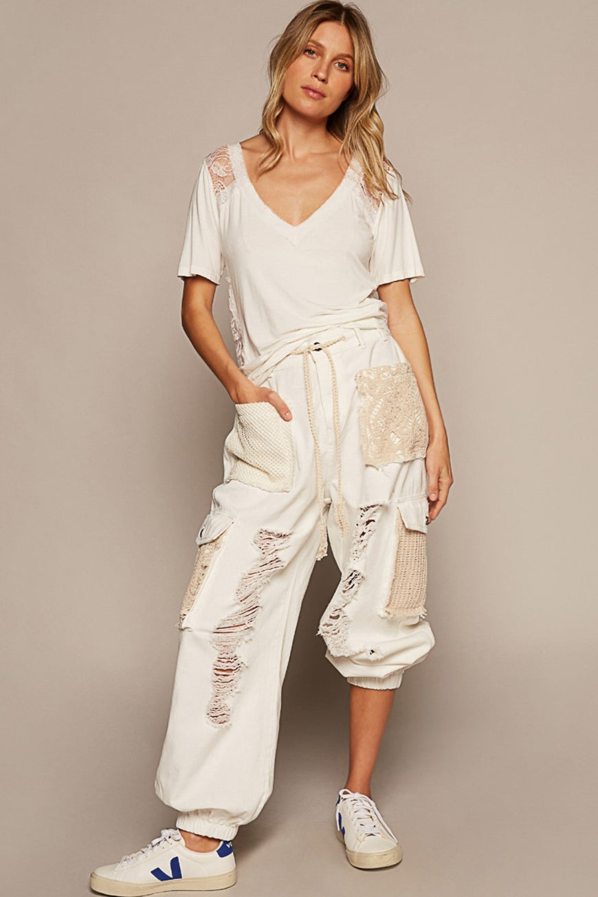 POL V-Neck Short Sleeve Lace Trim Top - TopFashionHQ
