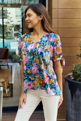 Petal Dew Full Size Floral V-Neck Tie Detail Blouse - TopFashionHQ