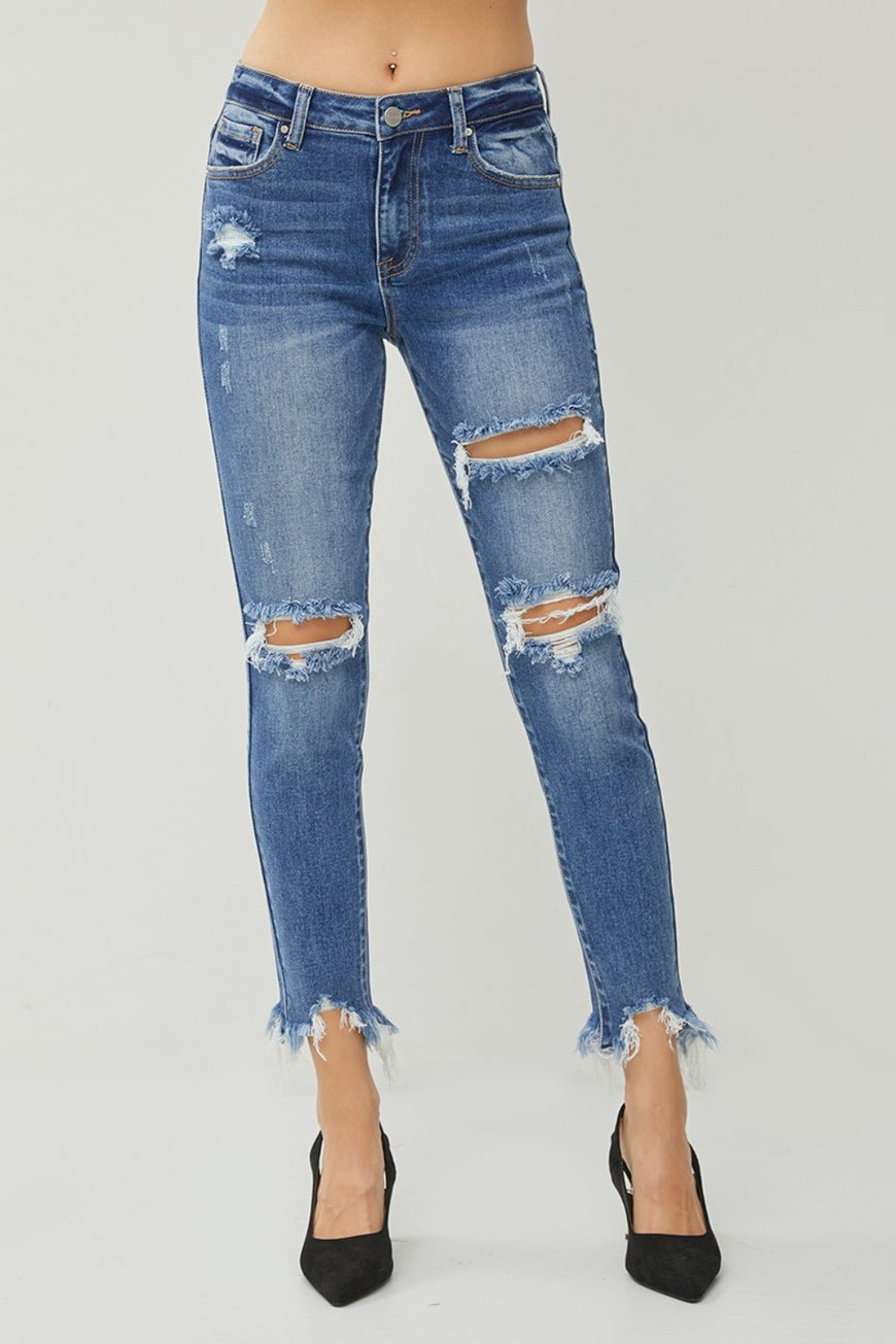 RISEN Distressed Frayed Hem Slim Jeans - TopFashionHQ