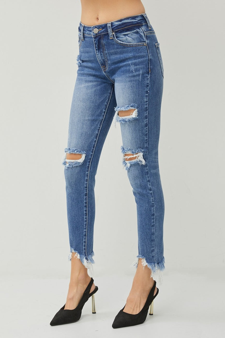 RISEN Distressed Frayed Hem Slim Jeans - TopFashionHQ