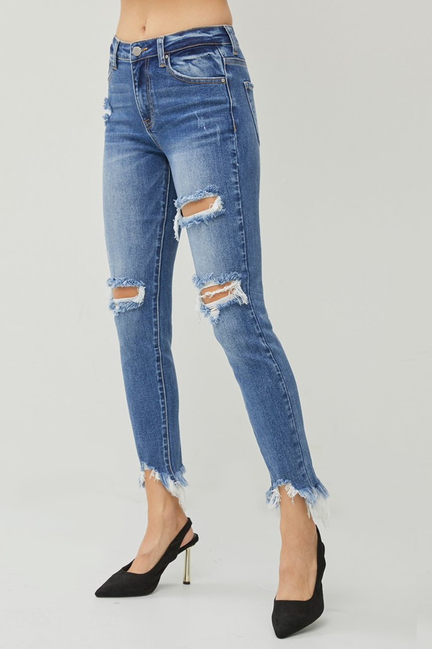 RISEN Distressed Frayed Hem Slim Jeans - TopFashionHQ