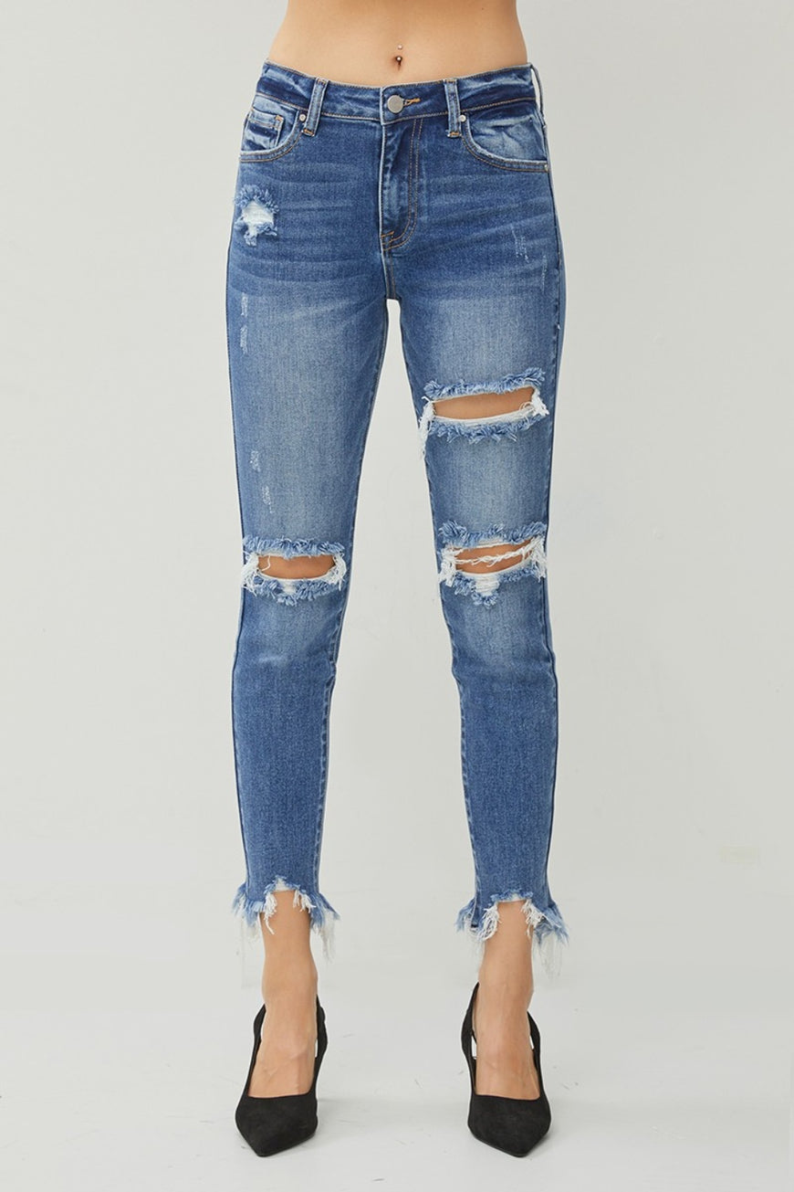 RISEN Distressed Frayed Hem Slim Jeans - TopFashionHQ