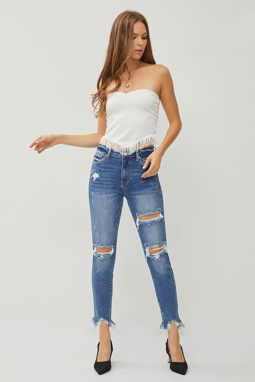 RISEN Distressed Frayed Hem Slim Jeans - TopFashionHQ