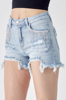 RISEN Frayed Hem Denim Shorts with Fringe Detail Pockets - TopFashionHQ