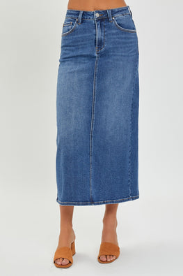 RISEN High Rise Back Slit Denim Skirt - TopFashionHQ