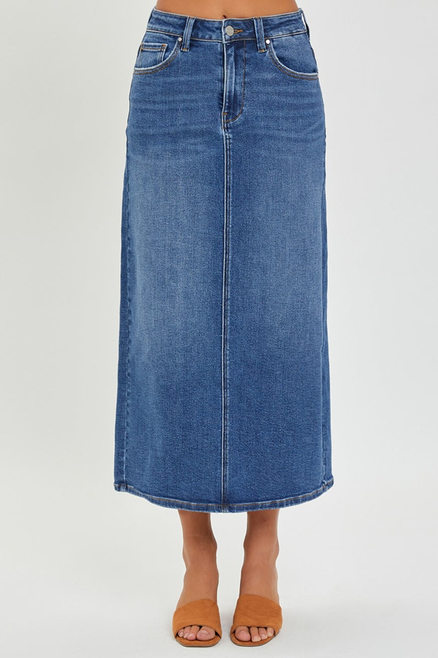 RISEN High Rise Back Slit Denim Skirt - TopFashionHQ