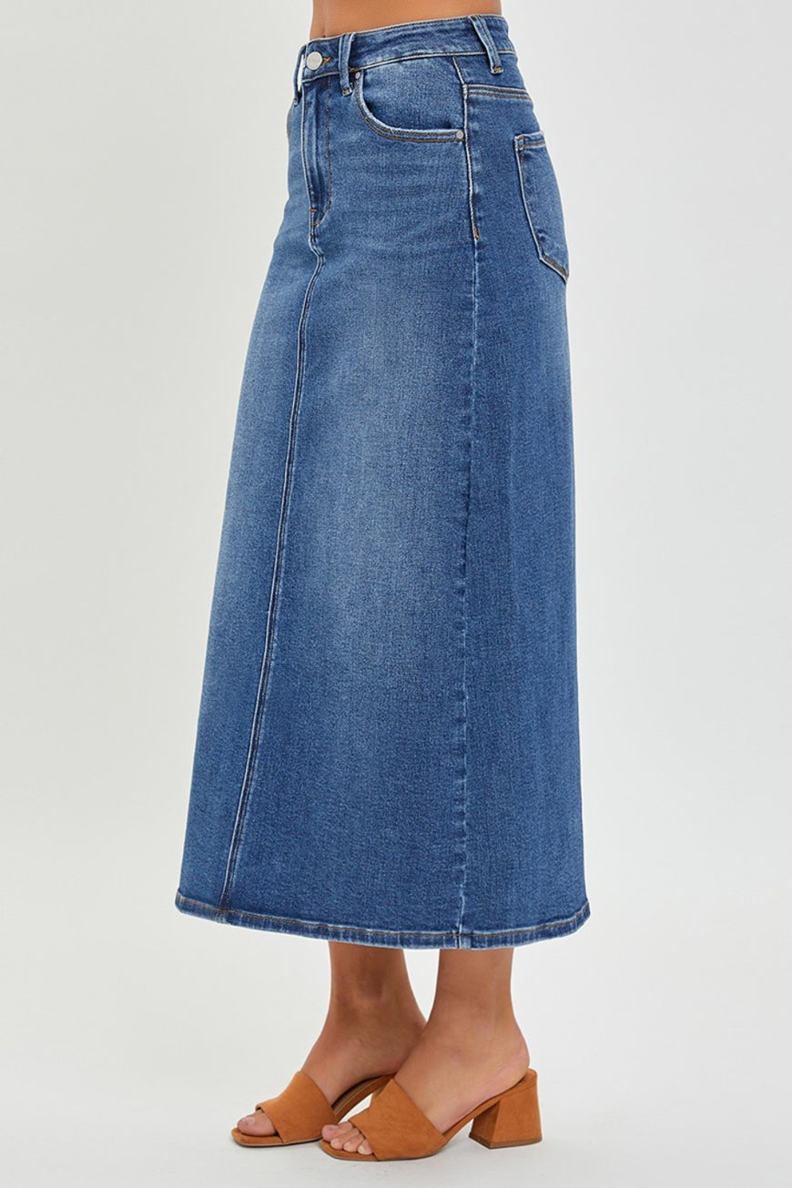 RISEN High Rise Back Slit Denim Skirt - TopFashionHQ