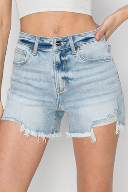 RISEN High Waist Frayed Detail Denim Shorts - TopFashionHQ