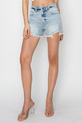 RISEN High Waist Frayed Detail Denim Shorts - TopFashionHQ