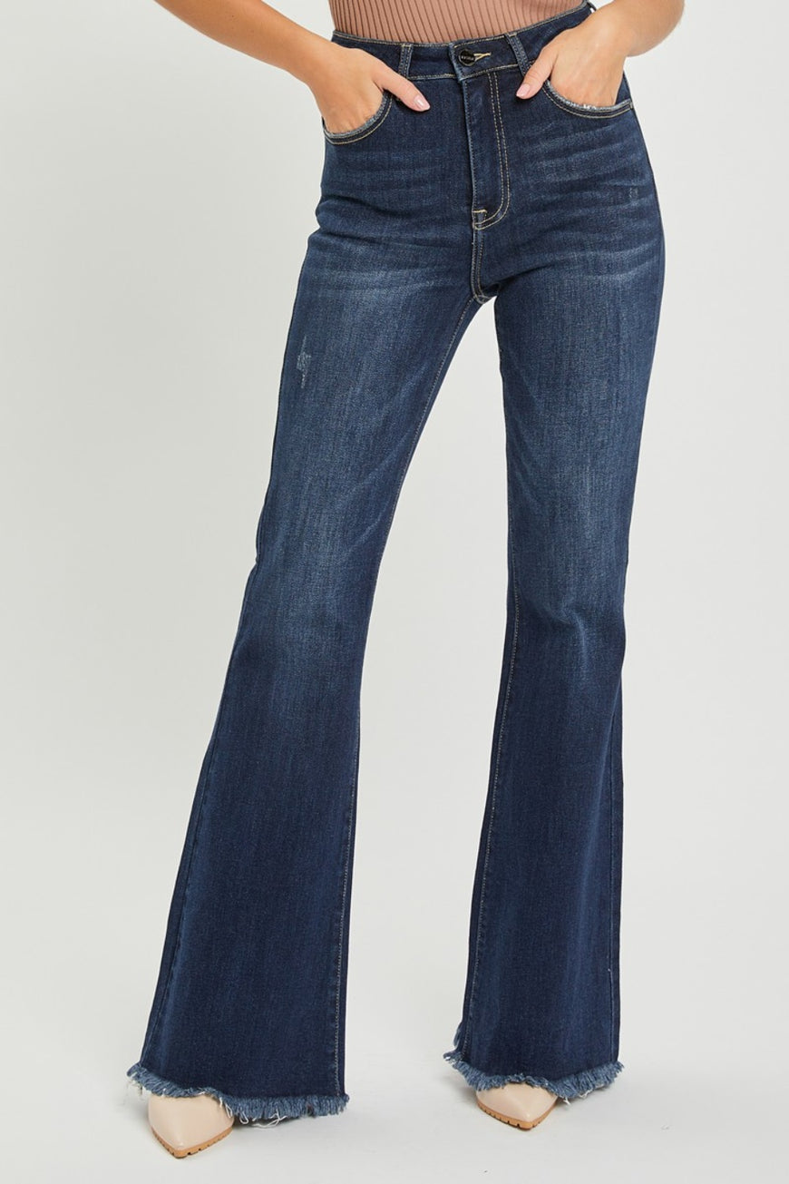 RISEN High Waist Raw Hem Flare Jeans - TopFashionHQ