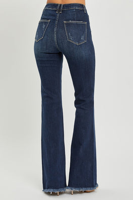 RISEN High Waist Raw Hem Flare Jeans - TopFashionHQ