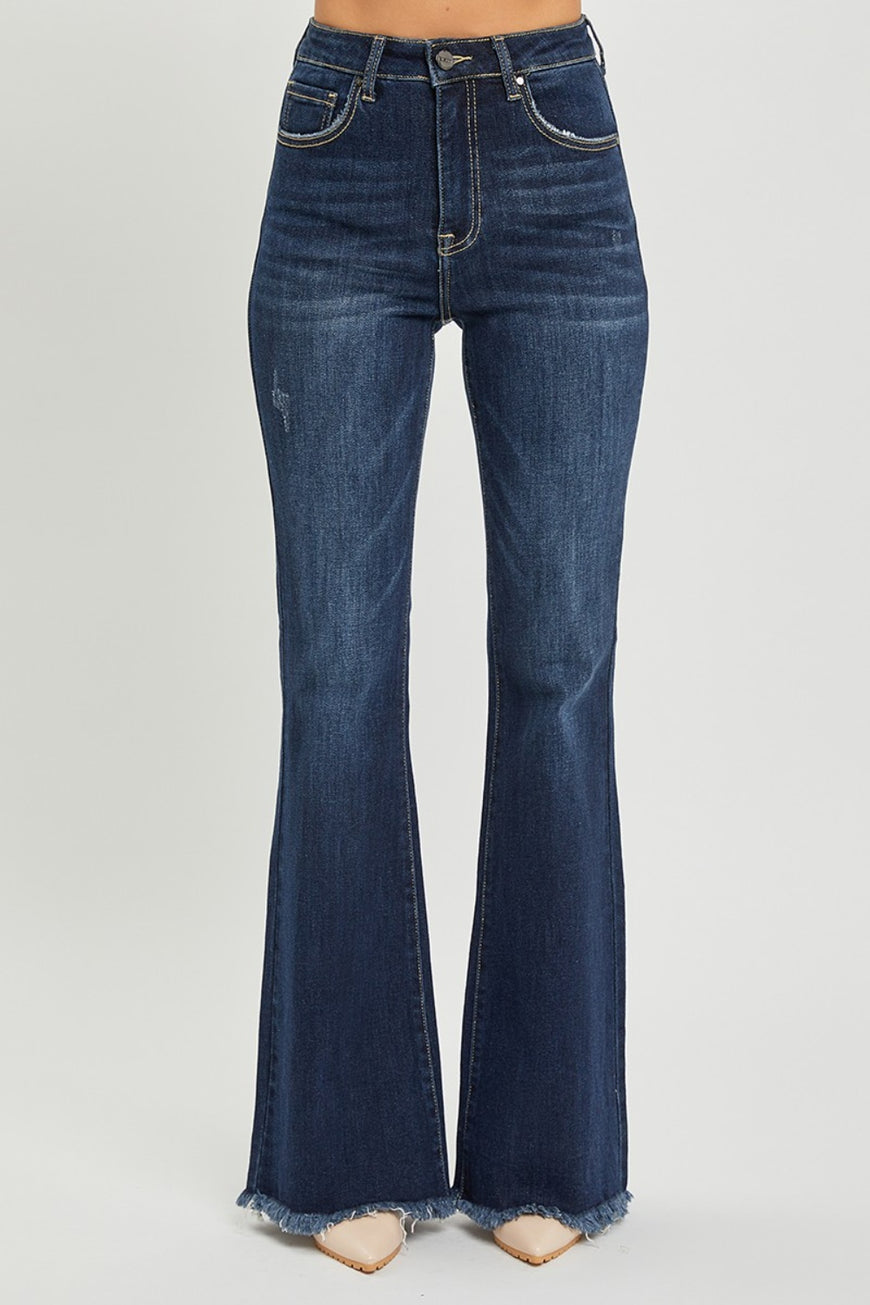 RISEN High Waist Raw Hem Flare Jeans - TopFashionHQ