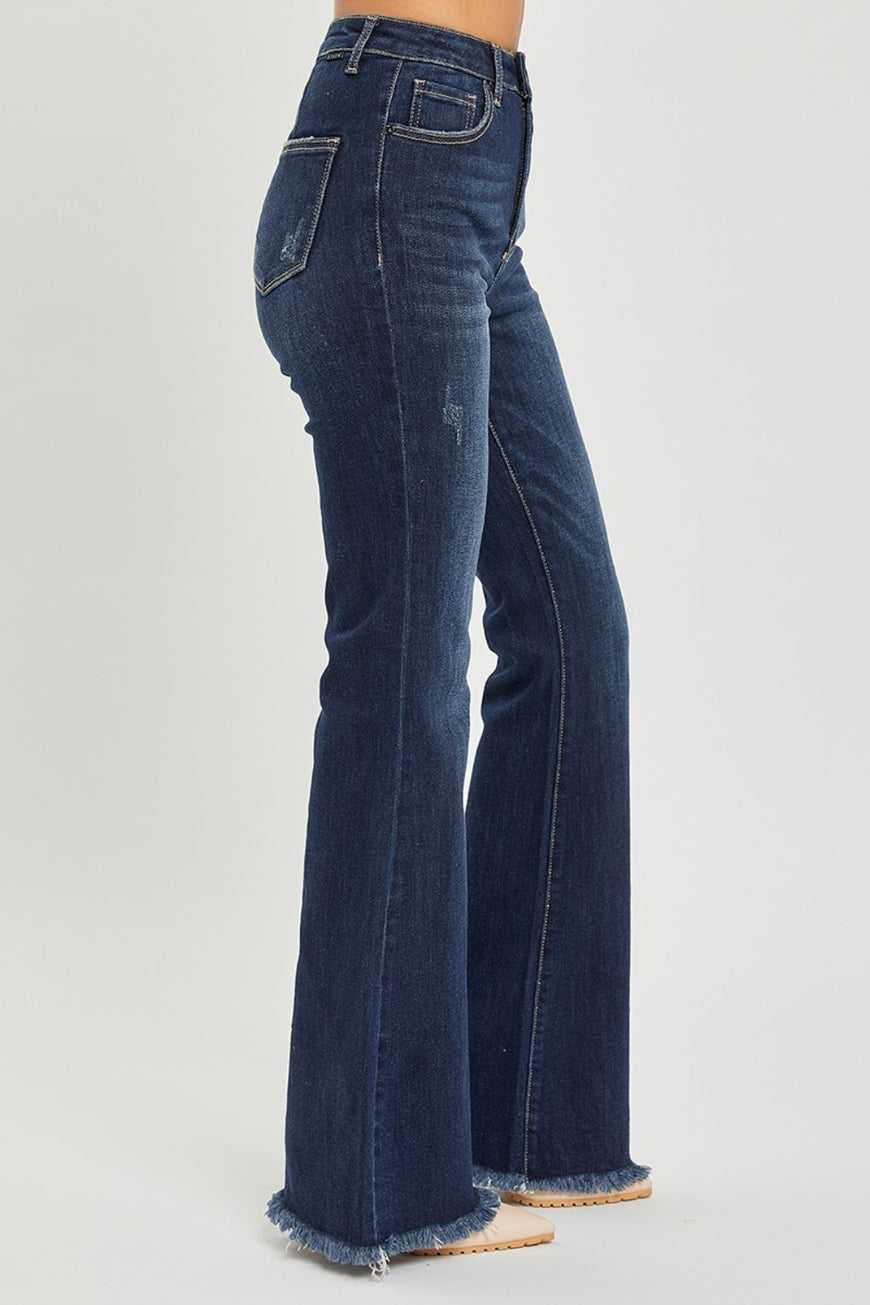 RISEN High Waist Raw Hem Flare Jeans - TopFashionHQ