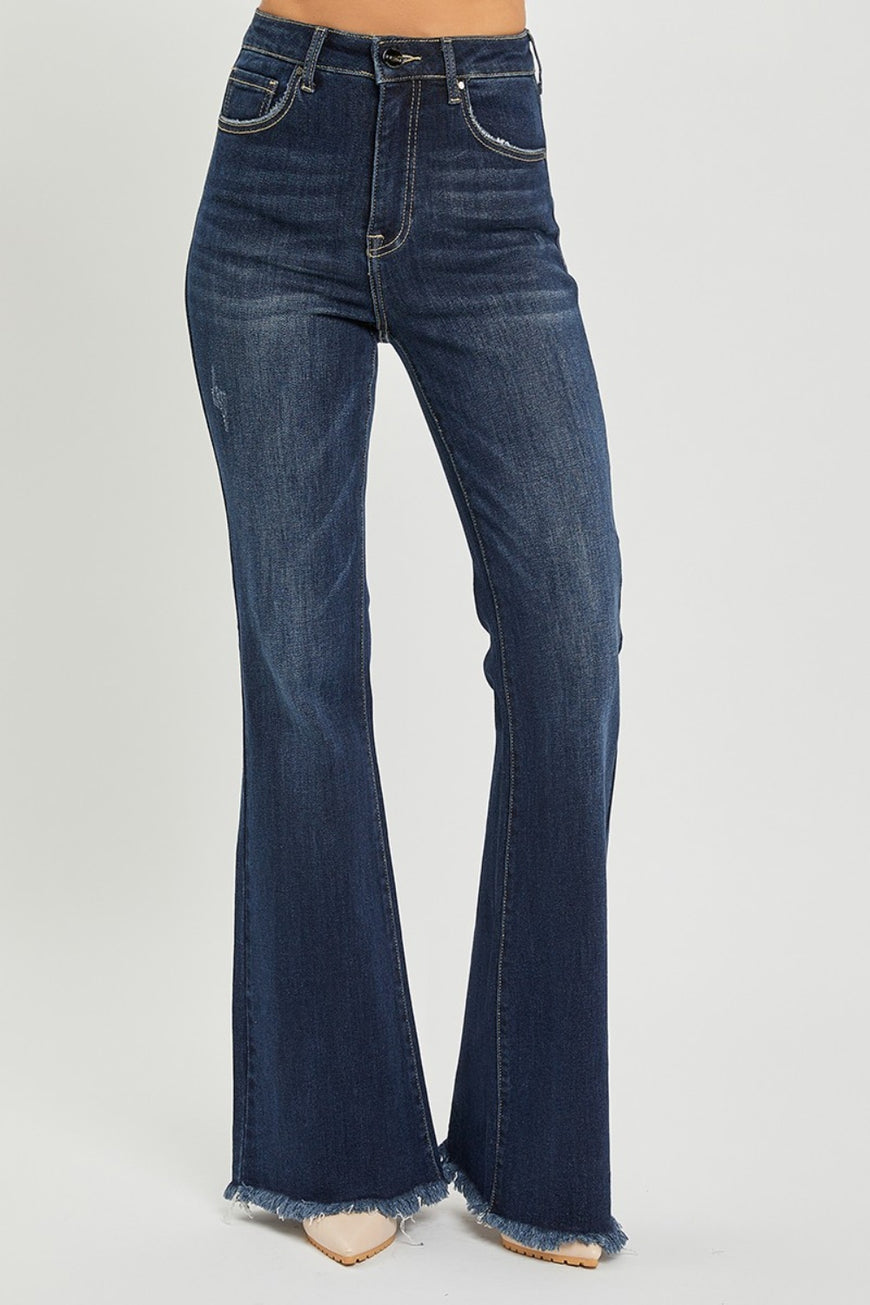 RISEN High Waist Raw Hem Flare Jeans - TopFashionHQ